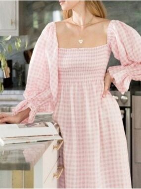Sleeper Pink Gingham Smocked Midi Dress